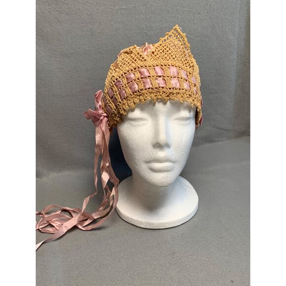 Vintage Pink Crochet & Silk Womens Bonnet with Ribbon Ties - Picture 10 of 16